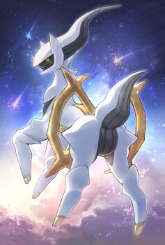 above_clouds arceus closed_mouth cloud commentary_request full_body gen_4_pokemon highres legendary_pokemon mythical_pokemon nintendo no_humans outdoors pokemon pokemon_(creature) pokemon_focus red_eyes shooting_star sky solo sushimi_(nijoujou)