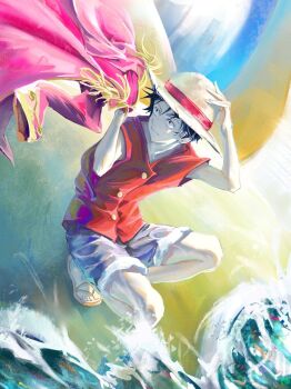 #black #one #red 1boy black_hair cutoff_jeans cutoffs dybala41 hat jacket monkey_d._luffy ocean one_piece red_shirt sandals ship shirt watercraft wind
