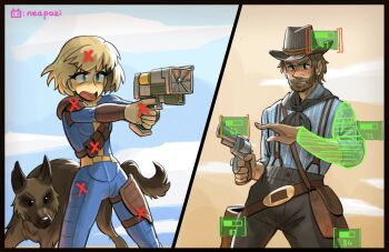 1boy ammunition_pouch armor arthur_morgan bag bandana beard belt blonde_hair blue_bodysuit blue_eyes blue_jumpsuit blue_sky bodysuit cowboy_hat dogmeat duel facial_hair fallout fallout_4 gameplay_mechanics gun handgun hat highres jumpsuit neapozi open_mouth orange_sky pauldrons pouch red_dead_redemption_(series) red_dead_redemption_2 revolver revolver_fanning satchel short_hair shoulder_armor sky sole_survivor_(female) solo v.a.t.s._(fallout) weapon