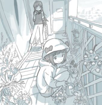 Rule 34 | 2girls, camera, copyright request, limited palette, multiple girls, nao-08, oekaki, plant, potted plant, slice of life, squatting, stuffed animal, stuffed toy, watering can