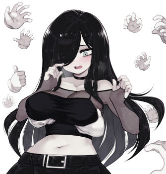 1girl aria_wintermint bare_shoulders belt black_belt black_camisole black_choker black_hair black_skirt breasts bridal_gauntlets camisole choker commentary disembodied_hand english_commentary grabbing_another's_breast green_eyes groping hair_over_one_eye large_breasts long_hair midriff navel open_mouth parororo see-through_cleavage see-through_clothes see-through_sleeves simple_background skirt the_crawling_city thumbs_up white_background