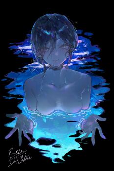 1girl black_choker chainsaw_man character_name choker cocoballking eyes_visible_through_hair hair_between_eyes highres i'll_teach_you_everything_(chainsaw_man) nude outstretched_hand partially_submerged reze_(chainsaw_man) solo water wet wet_hair
