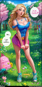 absurdres aqua_shoes aroma_sensei backpack bag bare_shoulders belt blonde_hair blue_eyes blue_shirt blush breasts breasts_squeezed_together camisole cleavage collarbone contrapposto embarrassed english_text forehead forest frilled_shirt frills full_body grass haley_(stardew_valley) harvey_(stardew_valley) high_tops highres jewelry large_breasts long_hair looking_at_viewer maru_(stardew_valley) midriff_peek miniskirt mole mole_on_breast nature necklace open_mouth outdoors parted_hair penny_(stardew_valley) petals pink_skirt shirt shoes skirt skirt_hold skirt_tug sneakers socks solo_focus speech_bubble standing star_(symbol) stardew_valley v_arms wavy_hair white_socks