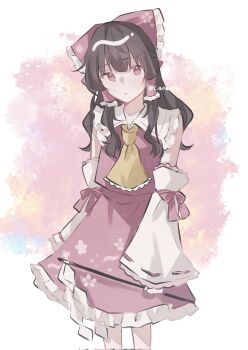 Rule 34 | 1girl, ascot, blush, bow, brown eyes, brown hair, carin (c arin1012), closed mouth, commentary request, corrupted twitter file, detached sleeves, frilled bow, frilled hair tubes, frilled skirt, frills, gohei, hair bow, hair tubes, hakurei reimu, highres, holding, holding gohei, long hair, looking at viewer, pink bow, pink skirt, ribbon-trimmed sleeves, ribbon trim, skirt, skirt set, solo, touhou, twitter username, watermark, yellow ascot