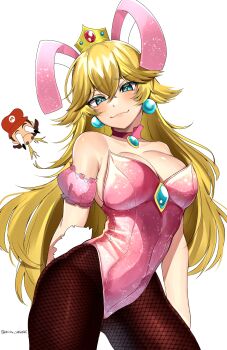 1boy 1girl absurdres animal_ears bare_shoulders black_pantyhose blonde_hair blue_eyes blue_gemstone blush breasts brooch choker closed_mouth commentary cowboy_shot crossed_bangs crown double-parted_bangs earrings english_commentary fake_animal_ears fishnet_pantyhose fishnets gem hair_between_eyes highres jewelry large_breasts leiden_yaegore leotard long_hair looking_at_viewer mario mario_(series) nintendo pantyhose pink_choker pink_leotard playboy_bunny princess_peach rabbit_ears simple_background smile solo_focus sphere_earrings strapless strapless_leotard white_background