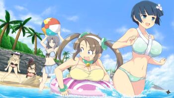 5girls angry armor armpits ball bare_shoulders beach beachball bell bikini bikini_armor black_bikini black_bow black_headwear blonde_hair blue_eyes blue_flower blue_hair blue_sky blunt_bangs blush bow bowl_cut bracelet breasts brown_hair building_sand_sculpture bush choker cleavage cliff cloud collarbone crying day fern floral_print floral_print_bikini flower game_cg grass green_bikini green_choker green_eyes grey_hair groin hair_bow hair_flower hair_ornament hat innertube japanese_armor jewelry jingle_bell large_breasts leaf long_hair mask minori_(senran_kagura) multiple_girls murakumo_(senran_kagura) navel neck_bell ocean official_art one-piece_swimsuit open_mouth outdoors palm_leaf palm_tree polka_dot polka_dot_bikini print_bikini red_bow sand sand_castle sand_sculpture senran_kagura senran_kagura_estival_versus senran_kagura_shinovi_versus shiki_(senran_kagura) shiny_skin short_hair shoulder_armor shouting shuriken sky sode splashing swim_ring swimsuit swimsuit_skirt tree twintails unworn_mask v-shaped_eyebrows water weapon wet yaegashi_nan yellow_one-piece_swimsuit yozakura_(senran_kagura) yumi_(senran_kagura)