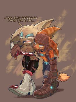 1boy 1girl absurdres ahoge animal_ears animal_nose arm_around_neck arm_around_shoulder artist_name bare_shoulders bat_ears bat_girl black_bodysuit blue_eyes blue_eyeshadow blue_gem body_fur bodysuit bodysuit_under_clothes boots breasts brown_background brown_fur brown_gloves bruise cleavage clenched_teeth colored_skin commentary constricted_pupils crossover dirty dirty_clothes dirty_face elbow_gloves english_commentary english_text exhausted eyeshadow fangs full_body furry furry_female furry_male furry_with_furry gem gloves green_eyes half-closed_eyes hand_up happy heel_up helmet highres implied_after_fight injury jumpsuit karl0 knee_boots large_breasts long_hair looking_at_another makeup multicolored_fur open_mouth orange_bodysuit orange_fur orange_hair orange_skin pants ratchet_&amp;_clank ratchet_(ratchet_&amp;_clank) rouge_the_bat scratches sharp_teeth shiny_clothes shirt sideways_mouth simple_background skin_tight snout sonic_(series) standing strapless tail talking teeth thick_thighs thigh_boots thighs torn_bodysuit torn_clothes torn_pants two-tone_fur walking white_fur yellow_fur