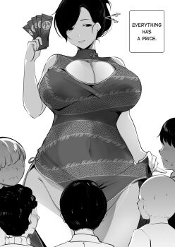 1girl 5boys audience breasts cleavage clothes_lift collarbone convenient_censoring covered_navel dress dress_lift earrings english_text envelope greyscale highres holding holding_envelope hongbao huge_breasts jewelry large_breasts meow7tail monochrome multiple_boys naughty_face original shota simple_background smile stud_earrings white_background