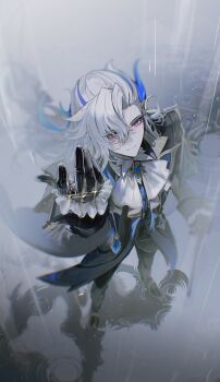 1boy 9boksen absurdres black_gloves genshin_impact gloves hand_up hashtag-only_commentary highres light_smile looking_up neuvillette_(genshin_impact) solo solo_focus standing standing_in_rain water_drop watermark white_hair