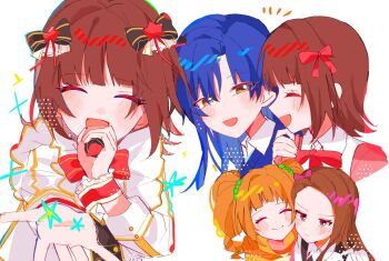 amami_haruka blue_hair brown_hair closed_eyes commentary_request hand_on_own_chin highres idolmaster idolmaster_(classic) kisaragi_chihaya long_hair microphone minase_iori o2b3tenn orange_hair reaching reaching_towards_viewer ribbon short_hair short_twintails smile takatsuki_yayoi twintails white_background