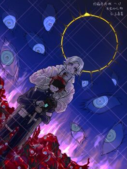 2boys ahoge aotsuki_eito armband black_gloves black_pants black_streaks breast_pocket covering_another&#039;s_eyes disembodied_eye drift01360334 dutch_angle eclipse eldritch_abomination evil_smile fire gakuran glasses gloves grey_hair hand_on_another&#039;s_shoulder highres holding holding_knife hole_in_chest hole_on_body jacket knife last_defense_academy_school_uniform male_focus multicolored_hair multiple_boys pants pocket purple_eyes purple_fire red_hair school_uniform short_hair sleeve_pouch smile solar_eclipse spoilers standing streaked_hair sumino_takumi the_hundred_line_-last_defense_academy- white_armband white_gloves white_pants
