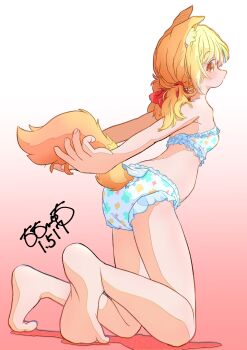1girl absurdres animal_ear_fluff animal_ears arms_behind_back artist_name bare_shoulders barefoot blonde_hair blush bra breasts fox_ears fox_girl fox_tail frilled_bra frilled_panties frills from_side gradient_background highres kneeling looking_back orange_eyes original panties pink_background print_bra print_panties reaching short_hair signature simple_background small_breasts solo tail totomoto underwear white_background white_bra white_panties