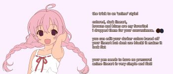 1girl 2000s_(style) ahoge bk_(barakoodra) braid dot_nose fang faux_retro_artstyle highres how_to long_hair looking_at_viewer low_twin_braids open_mouth original pink_hair smile solo twin_braids