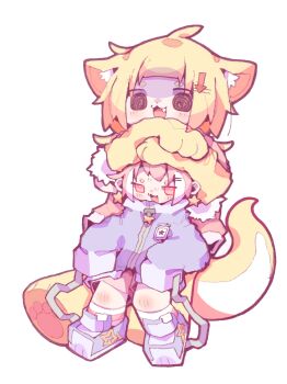 2girls :3 absurdres alternate_form animal_ear_fluff animal_ears artist_self-insert bad_id bad_twitter_id black_eyes blonde_hair blue_footwear blue_jacket commentary_request deformed dot_nose earrings fang full_body hand_on_another&#039;s_head highres jacket jewelry leaning_on_person long_sleeves multicolored_hair multiple_girls nikamoka no_sclera open_mouth original pawpads pink_eyes pink_hair shoes short_eyebrows simple_background size_difference sleeves_past_fingers sleeves_past_wrists smile star_(symbol) star_earrings streaked_hair tail thick_eyebrows white_background zipper