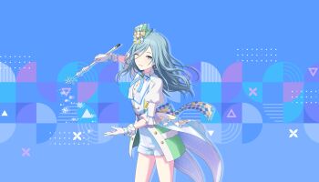 Rule 34 | 1girl, ;), back bow, blue background, blue bow, blue bowtie, blue eyes, blue hair, blue shorts, blue trim, bow, bowtie, breasts, buttons, checkered bow, checkered clothes, coattails, colorful palette, cowboy shot, detached collar, earrings, frilled sleeves, frilled wrist cuffs, frills, fur trim, game cg, gem, gloves, green bow, green gem, green hat, hair between eyes, hand up, hat, hat bow, highres, hinomori shizuku, holding, holding wand, jewelry, kizama reta kizu wa yagate (project sekai), long hair, long sleeves, looking at viewer, mini hat, mini top hat, mole, mole under mouth, multicolored bow, official alternate costume, official art, one eye closed, parted lips, pom pom (clothes), project sekai, puffy sleeves, purple background, short shorts, shorts, small breasts, smile, snowflake earrings, snowflakes, solo, standing, tailcoat, third-party source, three-quarter sleeves, top hat, triangle, two-tone background, upper body, wand, white bow, white gloves, white trim, white wrist cuffs, wrist cuffs, yellow bow, yellow trim