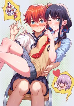 Rule 34 | 1boy, 2girls, absurdres, black hair, black sailor collar, black skirt, blue eyes, blue scrunchie, blue shirt, blush, brown vest, chair, commission, crossdressing, earrings, finger to another's cheek, grey skirt, gridman (character), gridman (denkou choujin), gridman universe, gridman universe (movie), hair between eyes, hair ornament, hair scrunchie, hand on another's back, hand on another's shoulder, heart, hibiki yuuta, highres, hoop earrings, hua-j, hug, jewelry, long hair, looking at viewer, low twintails, miniskirt, multiple girls, nail polish, necktie, official alternate costume, official alternate hairstyle, one eye closed, parted lips, pixiv commission, pleated skirt, pointing, ponytail, purple nails, red necktie, sailor collar, school uniform, scrunchie, shinjou akane, shiny skin, shirt, short hair, short ponytail, side ponytail, sitting, sitting on lap, sitting on person, skirt, smile, speech bubble, ssss.gridman, takarada rikka, thick thighs, thighs, twintails, v, vest, wavy hair