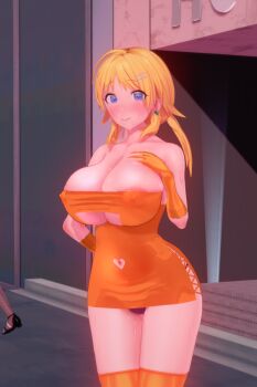 1girl 3d areola_slip artist_request blonde_hair blue_eyes blush breasts cleavage elbow_gloves gloves hachimiya_meguru idolmaster idolmaster_shiny_colors long_hair panties pantyshot purple_panties skindentation smile solo sweat thighhighs underwear