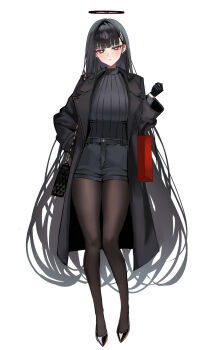 1girl absurdres alternate_costume black_bag black_coat black_gloves black_hair black_pantyhose black_shoes black_shorts black_sweater blue_archive breasts closed_mouth coat full_body gloves halo hand_on_own_hip hand_up highres large_breasts long_hair long_sleeves looking_at_viewer mango_(mango0208) open_clothes open_coat pantyhose red_bag red_eyes rio_(blue_archive) shoes shorts simple_background solo standing sweater turtleneck turtleneck_sweater very_long_hair white_background winter_clothes