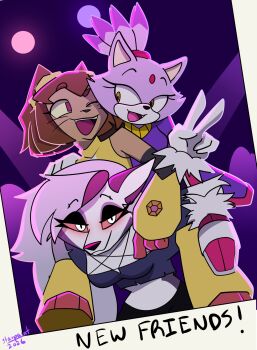3girls absurdres animal_ears blaze_the_cat brown_hair cat_ears cat_girl cat_tail crossover erica_lindbeck furry furry_female gameoverse hellaverse helluva_boss highres kit_bodega looking_at_viewer loona_(helluva_boss) multiple_girls orange_eyes purple_eyes short_hair sonic_(series) tail voice_actor_connection wolf_ears