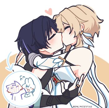 1boy 1girl arm_cutout armor arrow_(symbol) artist_name black_bodysuit black_bridal_gauntlets black_hair blonde_hair blue_feathers blue_trim blunt_ends blush bodysuit breasts bridal_gauntlets choppy_bangs closed_eyes clothes_down clothing_cutout commentary couple detached_sleeves dress earrings english_commentary facing_another feather_earrings feathers from_side genshin_impact gloves gold_ring hand_on_another's_back heart hetero hug japanese_armor jewelry kiss kote kurokote lumine_(genshin_impact) middle_ring multicolored_hair open_hand partially_fingerless_gloves profile purple_hair remhotaru scaramouche_(genshin_impact) short_hair short_hair_with_long_locks sideboob sidelocks simple_background single_bare_shoulder spoken_character streaked_hair vambraces wanderer_(genshin_impact) white_dress white_feathers white_sleeves