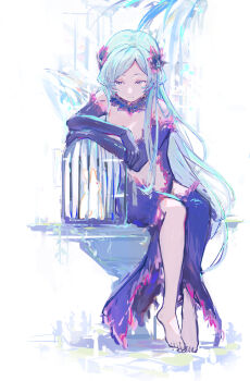 absurdres asymmetrical_dress barefoot black_gloves center_opening crying crying_with_eyes_open dress dungeon_ni_deai_wo_motomeru_no_wa_machigatteiru_darou_ka elbow_gloves freya_(danmachi) gloves grey_hair highres purple_eyes rabbit revealing_clothes tears yan_h_chau