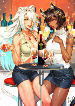 2girls :d alcohol animal_ear_fluff animal_ears ardora_(spartosmindset) bar_(place) bare_arms bare_shoulders black_hair blue_hair blue_nails blue_skirt blue_tail bob_cut bottle breasts cat_ears cat_girl cat_tail chromatic_aberration cleavage cocktail_glass collarbone colored_inner_hair commentary commentary_request commission crop_top cropped_shirt crossover cup dark-skinned_female dark_skin drinking_glass english_commentary eye_contact flipped_hair glass_bottle hair_over_one_eye hand_on_another&#039;s_shoulder hand_on_own_chest head_wreath holding holding_cup jewelry kkkiss_etc large_breasts lion_ears lion_girl lion_tail long_hair looking_at_another miniskirt mixed-language_commentary multi-source_commentary multicolored_hair multiple_girls on_stool open_mouth original parted_lips pencil_skirt pendant red_eyes red_wine shirt short_hair signature silver_(shipsinfloat) sitting skeb_commission skirt sleeveless sleeveless_turtleneck smile sparkle table tail turtleneck turtleneck_shirt two-tone_tail watermark watermark_grid white_hair white_shirt white_tail wine wine_bottle wine_glass yellow_eyes