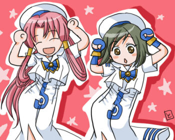 Rule 34 | 2girls, ^ ^, aino ai, aria (manga), aria company uniform, arms up, brown eyes, caramelldansen, closed eyes, dancing, dress, hair tubes, hat, long dress, long hair, lowres, mizunashi akari, multiple girls, open mouth, parody, pink hair, sailor collar, short hair, short hair with long locks, short sleeves, sidelocks, tomomi (mltplus), white dress