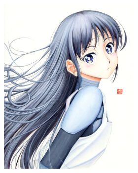 Rule 34 | 1girl, android, apron, black hair, blue eyes, boku no tsuma wa kanjou ga nai, closed mouth, expressionless, from side, long hair, looking at viewer, mechanical arms, mina (bokutsuma), painting (medium), robot girl, simple background, solo, traditional media, watercolor (medium), white apron, white background, y takeshinu wan