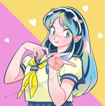 blue_sailor_collar blue_skirt cone_horns eyelashes heart highres horns long_hair looking_at_viewer lum muda_rengou_to_ziggy_stardust neckerchief pleated_skirt pointing pointing_at_viewer pointy_ears puffy_short_sleeves puffy_sleeves sailor_collar school_uniform serafuku shirt short_sleeves sidelocks signature skirt upper_body urusei_yatsura white_shirt yellow_neckerchief