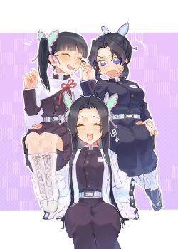 3girls aka_gooo animal_print belt black_jacket black_skirt blue_eyes blunt_bangs blush border breasts butterfly_hair_ornament butterfly_print cloak closed_eyes demon_slayer_uniform flower_knot gold_buttons hair_ornament haori highres jacket japanese_clothes kimetsu_no_yaiba kochou_kanae kochou_shinobu long_hair medium_breasts multiple_girls open_mouth parted_bangs print_haori purple_background side_ponytail sidelocks sitting_on_shoulder skirt smile sweatdrop tsuyuri_kanao updo white_belt white_border white_cloak