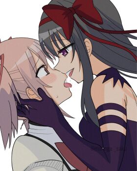 Rule 34 | 2girls, akemi homura, akuma homura, artist name, bare shoulders, black dress, black gloves, black hair, blush, bow, brown eyes, close-up, dress, dutch angle, elbow gloves, eye contact, from side, furrowed brow, gloves, hair bow, half-closed eyes, hand on another's face, highres, jitome, kaname madoka, long hair, looking at another, mahou shoujo madoka magica, mahou shoujo madoka magica: hangyaku no monogatari, mannga saku, mitakihara school uniform, multiple girls, open mouth, pink hair, purple eyes, red bow, school uniform, short twintails, simple background, smile, sweat, tareme, tongue, tongue out, twintails, white background, yuri