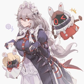 1girl alexandrina_sebastiane apron bangboo_(zenless_zone_zero) black_dress black_gloves breasts csyday dress gloves grey_hair hair_between_eyes hairband large_breasts long_hair long_sleeves looking_at_viewer low-tied_long_hair maid maid_apron maid_headdress metal_hairband pantyhose_cutout partially_fingerless_gloves puffy_sleeves red_eyes screw_hair_ornament smile solo spiked_headband tail_belt very_long_hair white_background zenless_zone_zero