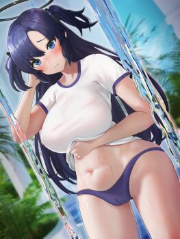 1girl absurdres between_breasts blue_archive blue_eyes blue_hair blush breasts cameltoe closed_mouth clothes_lift collarbone commentary_request cowboy_shot curvy dutch_angle halo hand_on_own_head highres large_breasts light_frown long_hair looking_at_viewer mechanical_halo navel noperori outdoors shirt shirt_lift solo stomach two_side_up white_shirt wide_hips yuuka_(blue_archive)