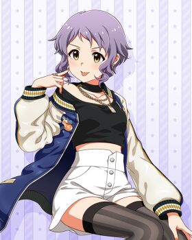 1girl :p black_choker black_thighhighs choker closed_mouth commentary_request drop_shadow fingernails game_cg hand_up idolmaster idolmaster_million_live! idolmaster_million_live!_theater_days jacket jewelry letterman_jacket long_sleeves makabe_mizuki nail_polish necklace official_alternate_costume official_art open_clothes open_jacket orange_nails purple_hair ring shirt short_hair sitting solo striped_clothes striped_thighhighs sukajan_gyarus_(idolmaster) thighhighs third-party_source tongue tongue_out vertical-striped_clothes vertical-striped_thighhighs white_shirt yellow_eyes