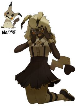 1girl @_@ animal_ears black_skirt blush dark-skinned_female dark_skin fake_tail full_body gen_7_pokemon hands_on_own_face highres kneeling korean_commentary long_hair mimikyu nintendo pokedex_number pokemon qumyak shirt shoes simple_background skirt sneakers tail torn_clothes torn_skirt wavy_mouth white_background white_hair white_shirt wrist_cuffs