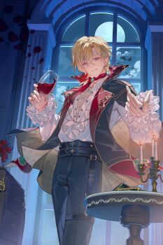 1boy absurdres alcohol arms_up aventurine_(honkai:_star_rail) beckoning black_coat black_pants blonde_hair candlestand cloud cloudy_sky coat commentary cross-laced_clothes cross-laced_top cup drinking_glass earrings english_commentary feet_out_of_frame flower frilled_shirt frilled_sleeves frills full_moon highres holding holding_cup honkai:_star_rail honkai_(series) indoors jewelry kanangnsn male_focus moon mystical_high_collar necklace pants parted_hair piercing pink_eyes pointy_ears red_flower shirt shirt_tucked_in single_earring sky smile solo sparkle standing table teeth two-sided_coat two-sided_fabric vampire white_shirt wine wine_glass