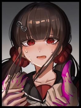 1boy 1girl blood blunt_bangs brown_hair commentary_request danganronpa_(series) danganronpa_v3:_killing_harmony hair_ornament hair_scrunchie harukawa_maki long_hair long_sleeves looking_at_viewer low_twintails maru_(gusg0mduwzkotcg) mole mole_under_eye momota_kaito pink_blood red_eyes red_scrunchie red_shirt sailor_collar scrunchie shirt solo_focus twintails