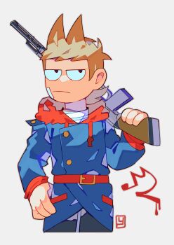 1boy absurdres antenna_hair bandage_on_cheek bandaged_neck bandages black_eyes black_pants blue_coat brown_hair buttons coat cropped_legs drawstring eddsworld fewer_digits flipped_hair gun hair_ears hand_on_own_hip highres holding holding_gun holding_weapon hood hood_down hoodie jitome long_sleeves looking_at_viewer male_focus official_style pants plain_epaulettes red_army_logo_(eddsworld) red_hoodie red_leader_(eddsworld) red_scarf scarf short_hair simple_background solo toon_(style) tord_(eddsworld) weapon white_background yasunoe0