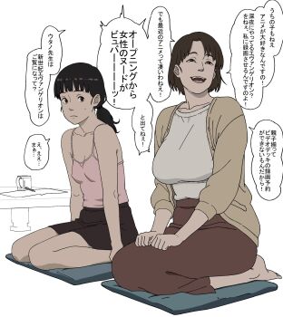 2girls breasts camisole cleavage commentary_request covered_erect_nipples cup east_asian futoshi_slim highres large_breasts long_skirt low_ponytail miniskirt mother_and_child mother_and_daughter mug multiple_girls open_mouth original paper parent_and_child pencil pillow pink_camisole ponytail seiza short_hair sitting skirt small_breasts smile sweatdrop table utano's_mother_(futoshi_slim) utano_(futoshi_slim)