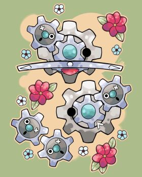 Rule 34 | :o, aqua flower, commentary, english commentary, evolutionary line, flower, full body, gears, gen 5 pokemon, green background, highres, klang, klink, klinklang, nintendo, no humans, o x, open mouth, pikkariacreations, pokemon, pokemon (creature), pokemon focus, procreate (medium), red flower