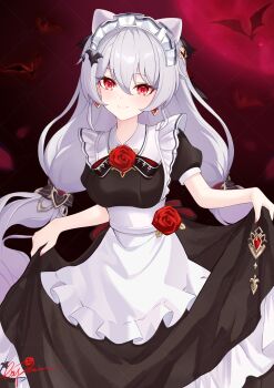 1girl absurdres alternate_costume apron bat_(animal) black_dress breasts chinese_commentary commentary_request commission dress dress_tug earrings explain highres honkai_(series) honkai_impact_3rd jewelry long_hair luna_(honkai_impact) maid maid_apron maid_headdress medium_breasts moon night night_sky red_eyes red_moon sky smile solo very_long_hair white_apron white_background white_hair