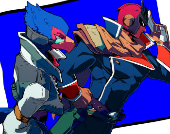 2boys beak belt bird_boy captain_falcon closed_mouth f-zero falco_lombardi furry furry_male hand_on_own_hip helmet jacket kokusoji long_sleeves male_focus multiple_boys muscular muscular_male nintendo pants profile simple_background star_fox super_smash_bros. twitter_username
