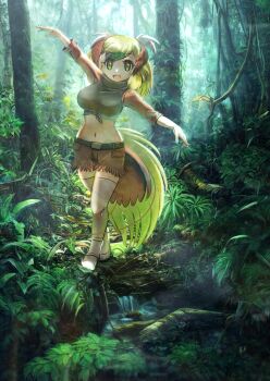 1girl :d ai-assisted arm_up belt bird_girl bird_tail bird_wings blonde_hair breasts brown_shorts day forest fuji_takanasu greater_bird-of-paradise_(kemono_friends) green_hair head_wings highres kemono_friends large_breasts long_hair looking_at_viewer midriff multicolored_hair nature navel open_mouth outdoors outstretched_arms outstretched_hand scenery shirt shoes short_shorts shorts smile solo spread_arms stomach swept_bangs tail thighhighs tied_shirt tree walking water white_hair white_thighhighs wings yellow_eyes