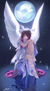 1girl absurdres bare_shoulders barefoot beret black_hair closed_eyes columbina_(genshin_impact) commentary_request dress falling_feathers feathers full_moon genshin_impact hair_ornament hands_on_own_knee hat highres invisible_chair leg_up miya-chan_(lightning0730) moon multicolored_hair parted_lips purple_hair reflection signature sitting solo toenails water white_dress wing_hair_ornament