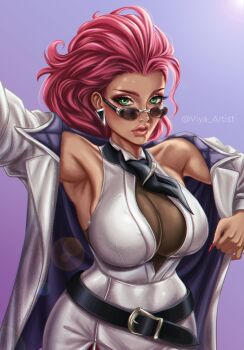1girl absurdres alternate_breast_size_(larger) arm_up artist_name belt black_belt bracelet breasts cleavage closed_mouth crimson_viper curvy dark-skinned_female dark_skin earrings eyelashes glasses green_eyes hair_slicked_back highres huge_breasts jacket jewelry large_breasts lips long_hair looking_at_viewer makeup mature_female medium_breasts red_hair signature simple_background solo standing stomach street_fighter street_fighter_6 sunglasses tinted_eyewear twitter_username viya_artist watermark white_jacket