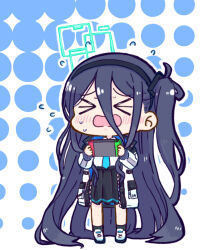 Rule 34 | &gt; &lt;, 1girl, aris (blue archive), black hair, black hairband, black skirt, black socks, blue archive, blue necktie, blush, chibi, closed eyes, commentary request, facing viewer, flying sweatdrops, full body, hairband, halftone, halftone background, halo, holding, jacket, kasuga yuuki, long sleeves, necktie, nintendo switch, one side up, open clothes, open jacket, open mouth, outline, pleated skirt, puffy long sleeves, puffy sleeves, shirt, shoes, skirt, socks, solo, standing, sweat, wavy mouth, white footwear, white jacket, white outline, white shirt
