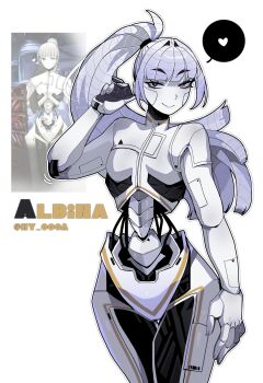 1girl absurdres albina_(project_moon) android blunt_bangs commentary english_commentary flesh heart highres joints limbus_company long_hair ny_000a ponytail project_moon robot_joints screenshot_inset sidelocks simple_background solo speech_bubble sword twitter_username weapon white_background wire