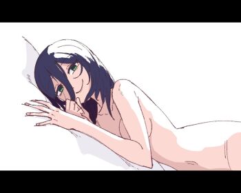 1girl blue_hair breasts chainsaw_man closed_mouth green_eyes hair_between_eyes looking_at_viewer lying medium_breasts medium_hair navel nude on_side reze_(chainsaw_man) smile solo wanderjegson white_background