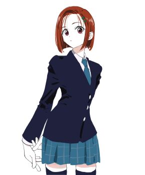 Rule 34 | 1girl, aqua necktie, blue skirt, collared shirt, highres, kareshi kanojo no jijou, long sleeves, miyazawa yukino, necktie, needbee r, plaid clothes, plaid skirt, pleated skirt, red eyes, red hair, school uniform, shirt, short hair, skirt, thighhighs