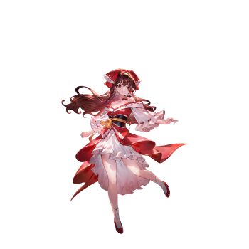 1girl alternate_costume bow breasts brown_hair cleavage closed_mouth collarbone frilled_bow frilled_hair_tubes frills game_cg hair_bow hair_tubes hakurei_reimu high_heels highres japanese_clothes kimono long_hair looking_at_viewer non-web_source obi obijime off_shoulder official_art red_bow red_eyes red_kimono red_shoes ribbon-trimmed_sleeves ribbon_trim sash second-party_source shoes single_hair_tube smile socks solo touhou touhou_gensou_eclipse transparent_background u_u_zan very_long_hair white_socks